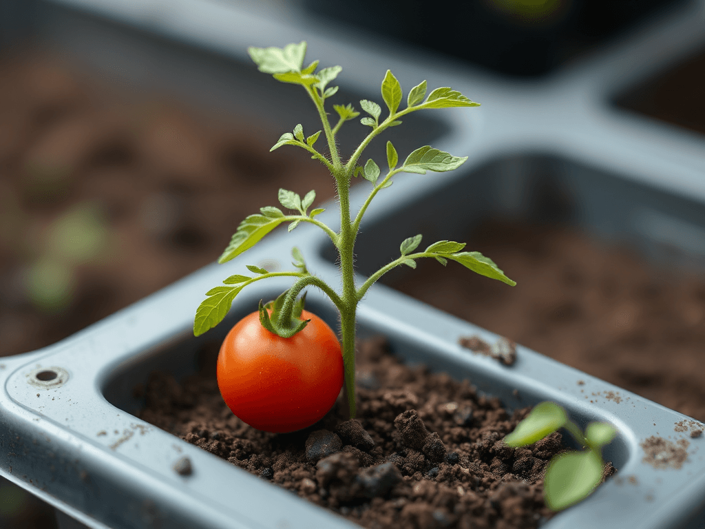A tomato seedling growing in a propogator