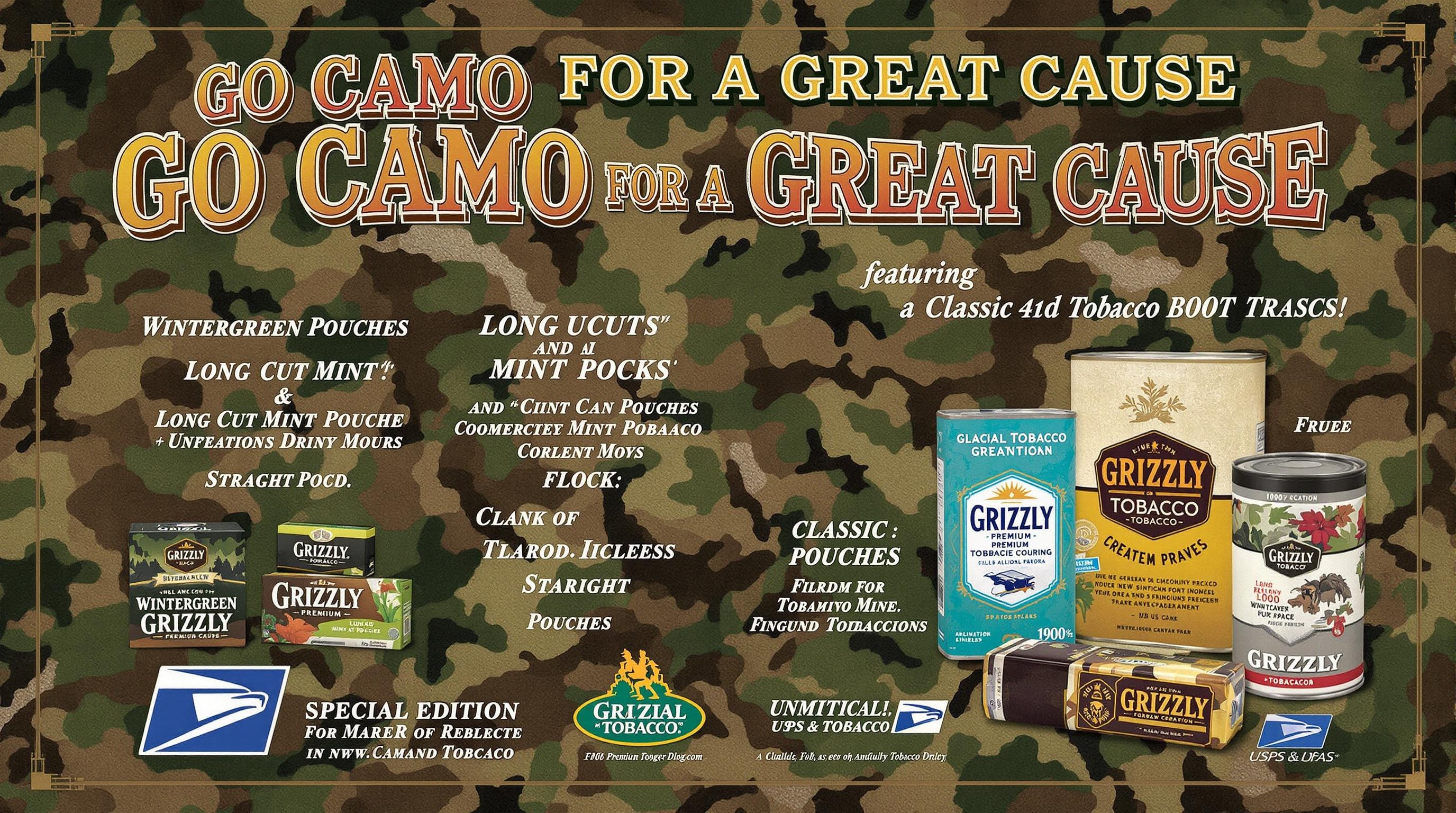 POSTER MAIL USPS AD: Go Camo for a great cause  Grizzly Premium Wintergreen Pouches Long Cut Mint Pouches Straight Pouches And Long Cut 1900 Tobacco Can 