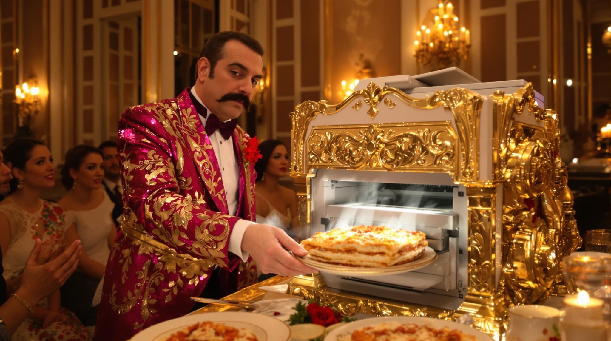 a flamboyant waiter using a photocopier to generate lasagna tableside for a few excited diners