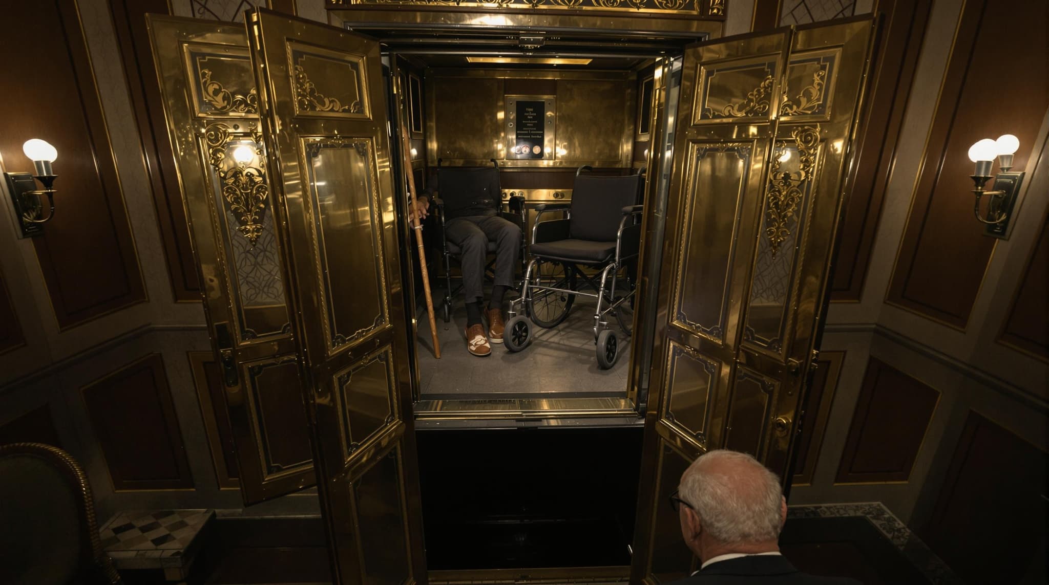 Create a image where we the observer are looking toward the elevator from a lobby in a olderbuilding. The elevator doors are open. Through the doors we see the elevator cabin stuck between the upper floor and our level. We see a few feet and a walking stick and wheelchair, one person is peer back at us on their knees. Below the cabin we see the dark elevator shaft.