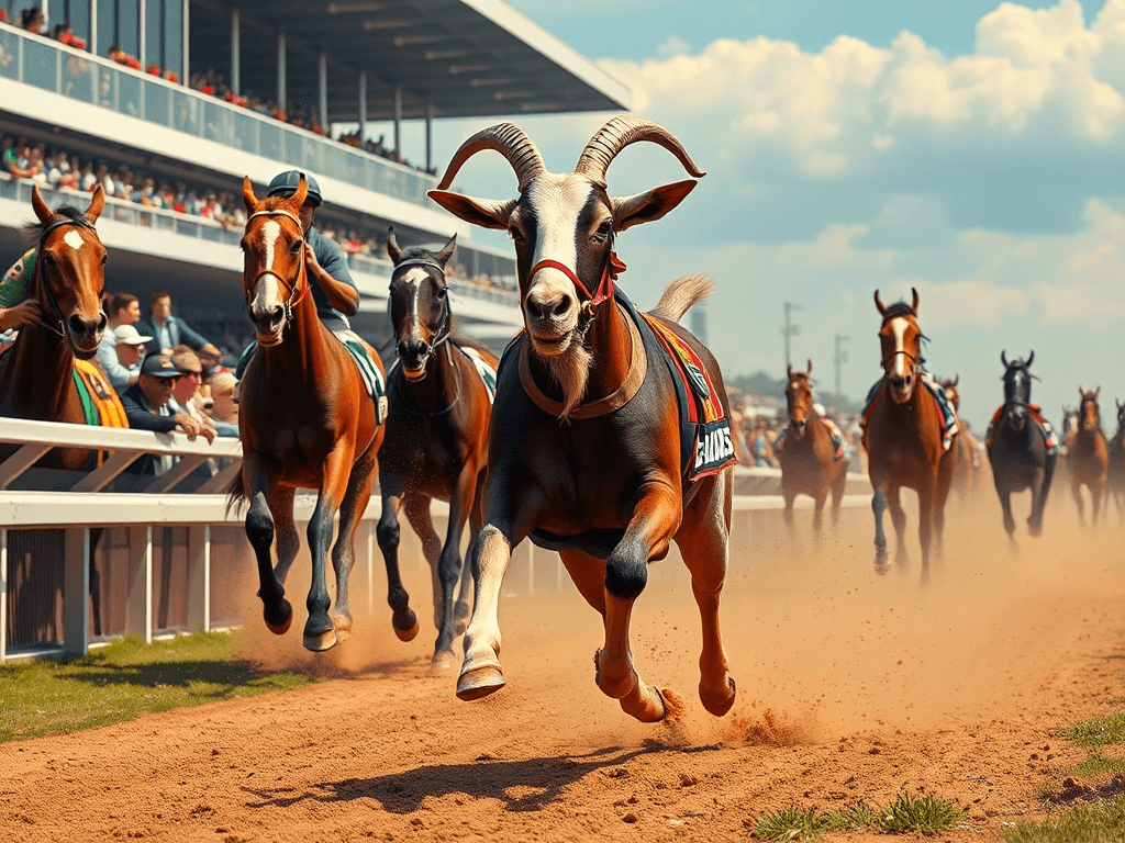 A goat winning a horse race