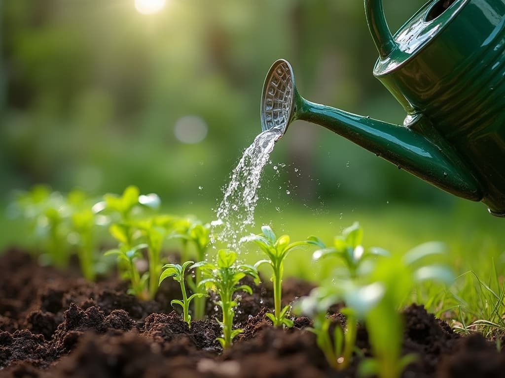 watering can being filled by hose pipe with water visibly being pouring into can, at the same time as the water can is watering saplings