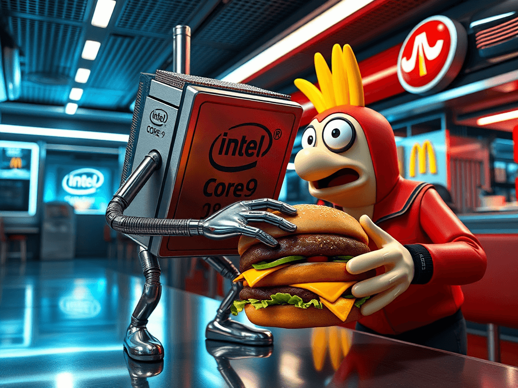 Intel processor stealing a hamburger from the Hamburgler 