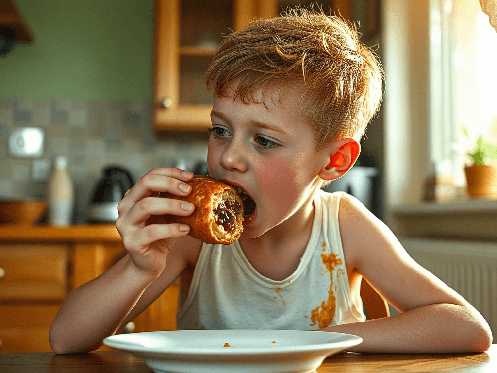 Fat ginger kid eating sausage roll in a white vest