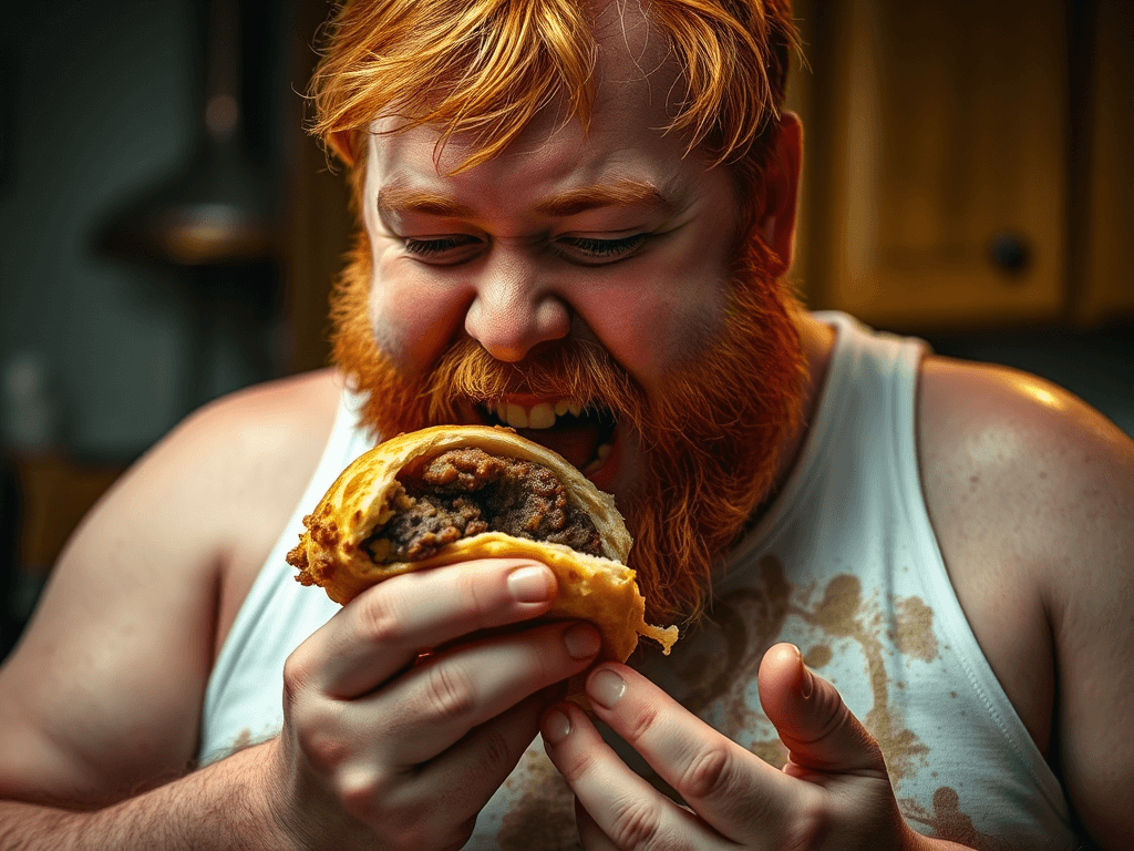 Big fat ginger man eating sausage roll in a white vest