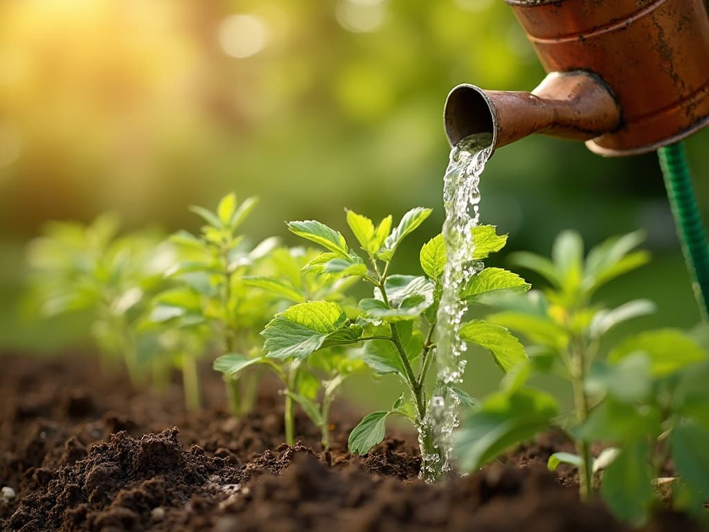 watering can being filled with a hose pipe, pouring water onto growing saplings.