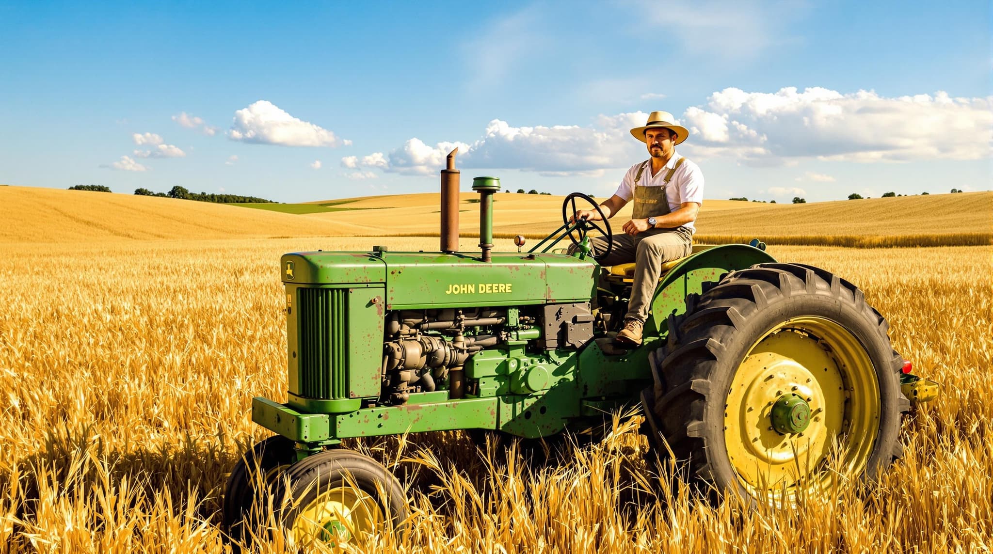 a man sitting on a 1940s tractor harvesting hay on a summer's afternoon