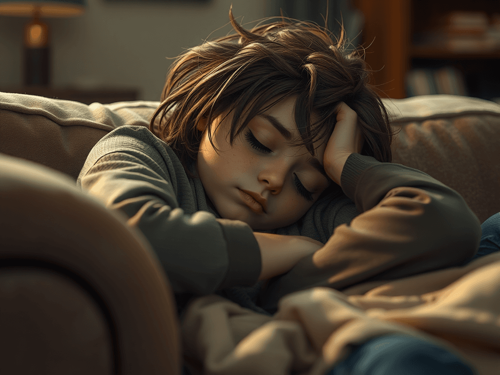 a character exhibiting symptoms of fatigue such as tiredness, the person should be sat upright on a sofa with head resting on one hand