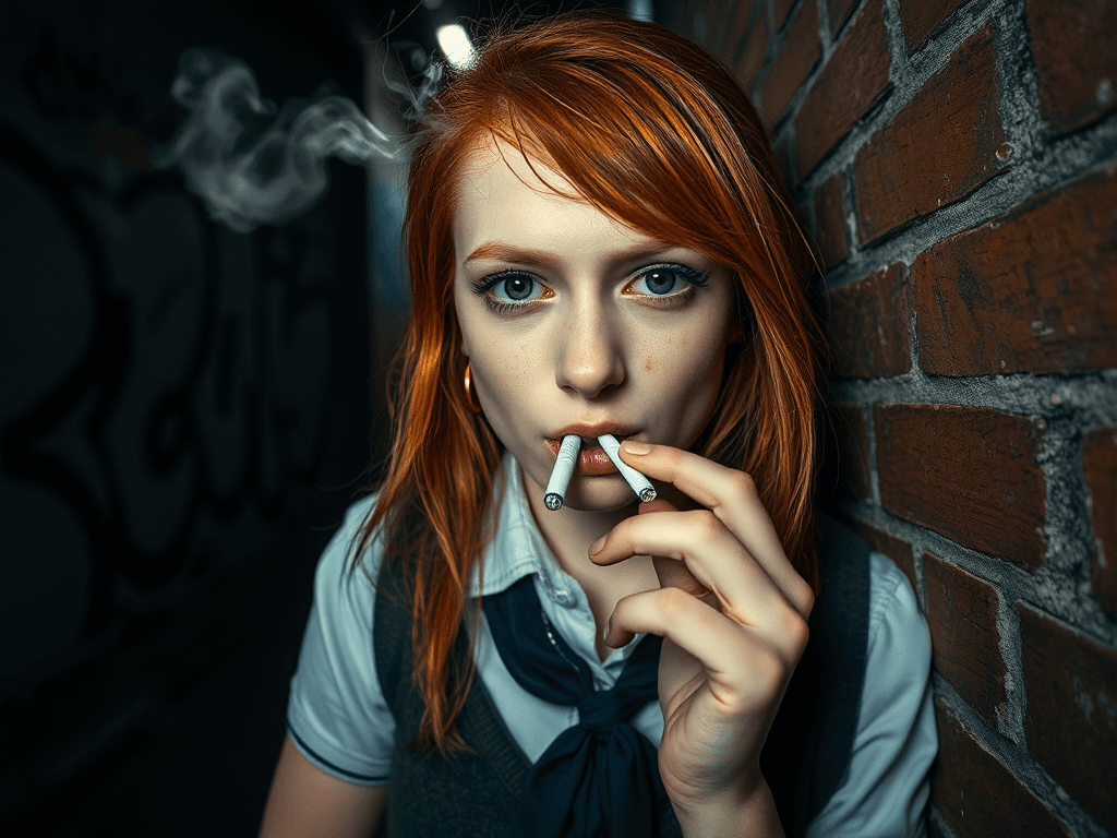 long shot of a redhead schoolgirl with freckles smoking a cigarette