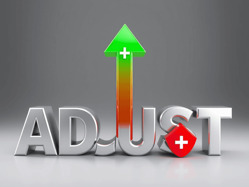 the word "adjust" with a green arrow coming out above with a + sign; a red arrow coming out from below with a - sign 