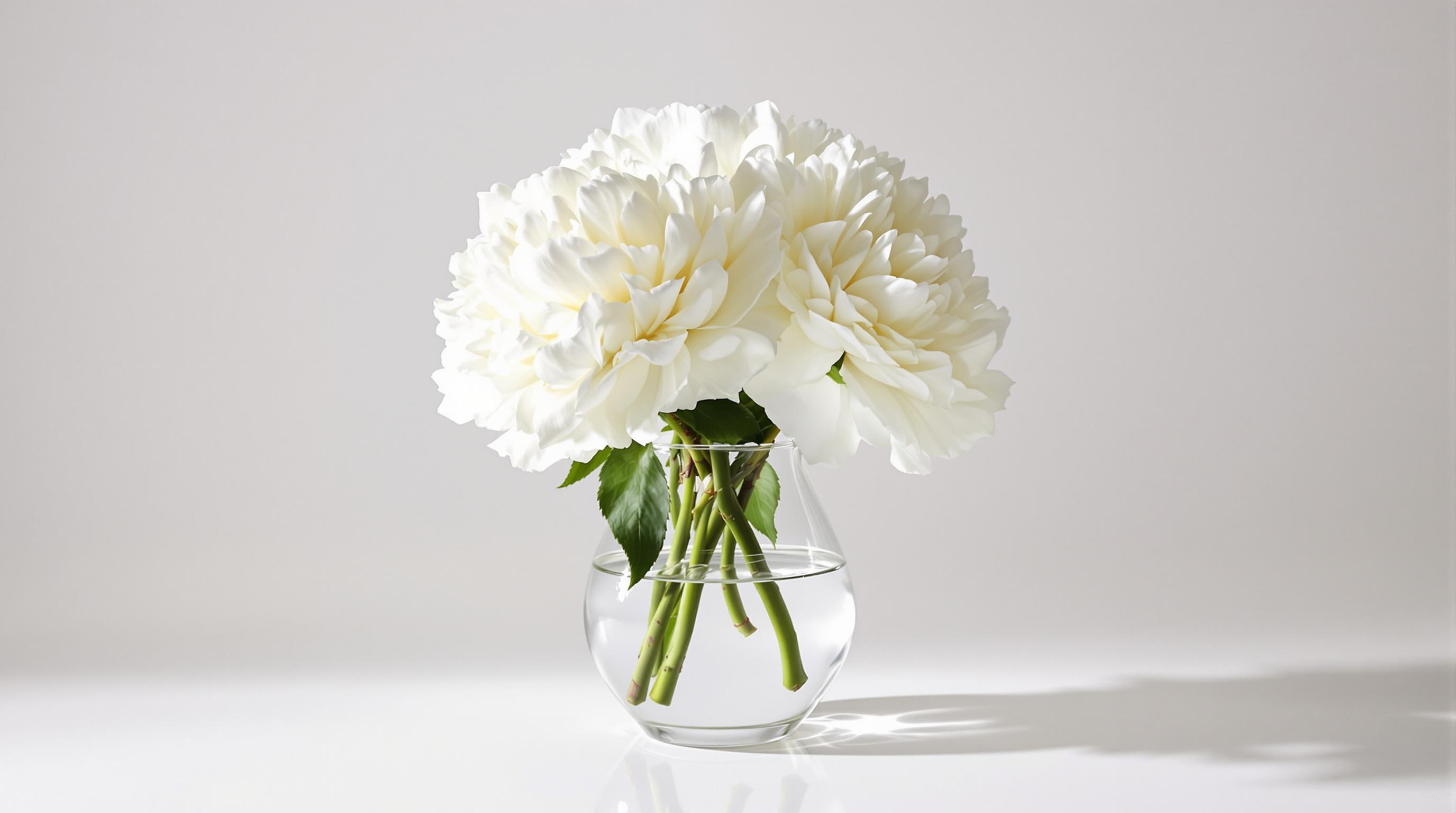 a  simple still life with a glass object and three white peonies in dramatic white studio lighting