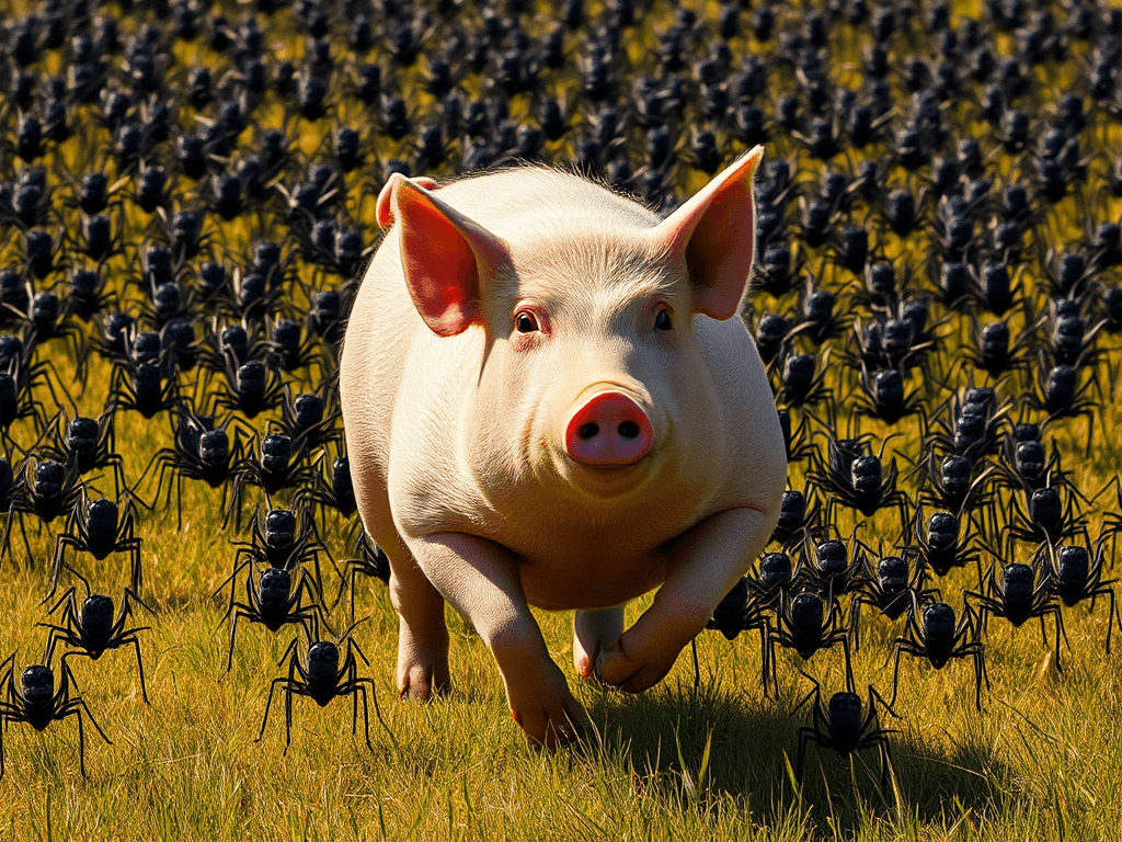 A giant pig being chased by an army of ants