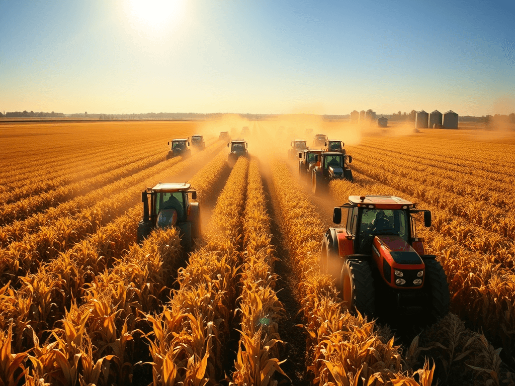 Tractors harvesting corn