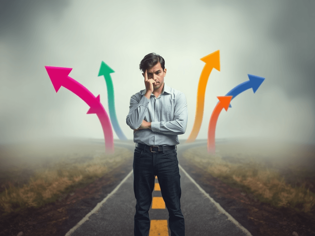 Someone standing with their hand on their head, looking at arrows pointing in different directions ahead of them all branching from one pathway