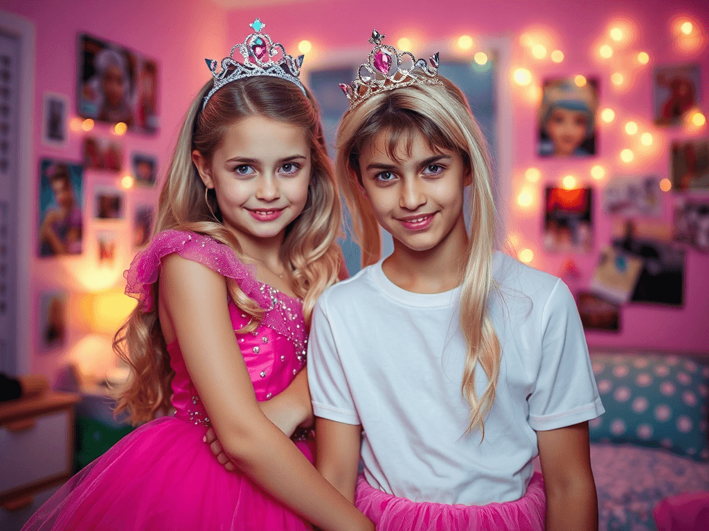teenage girl dressing teenage boy in a barbie doll costume