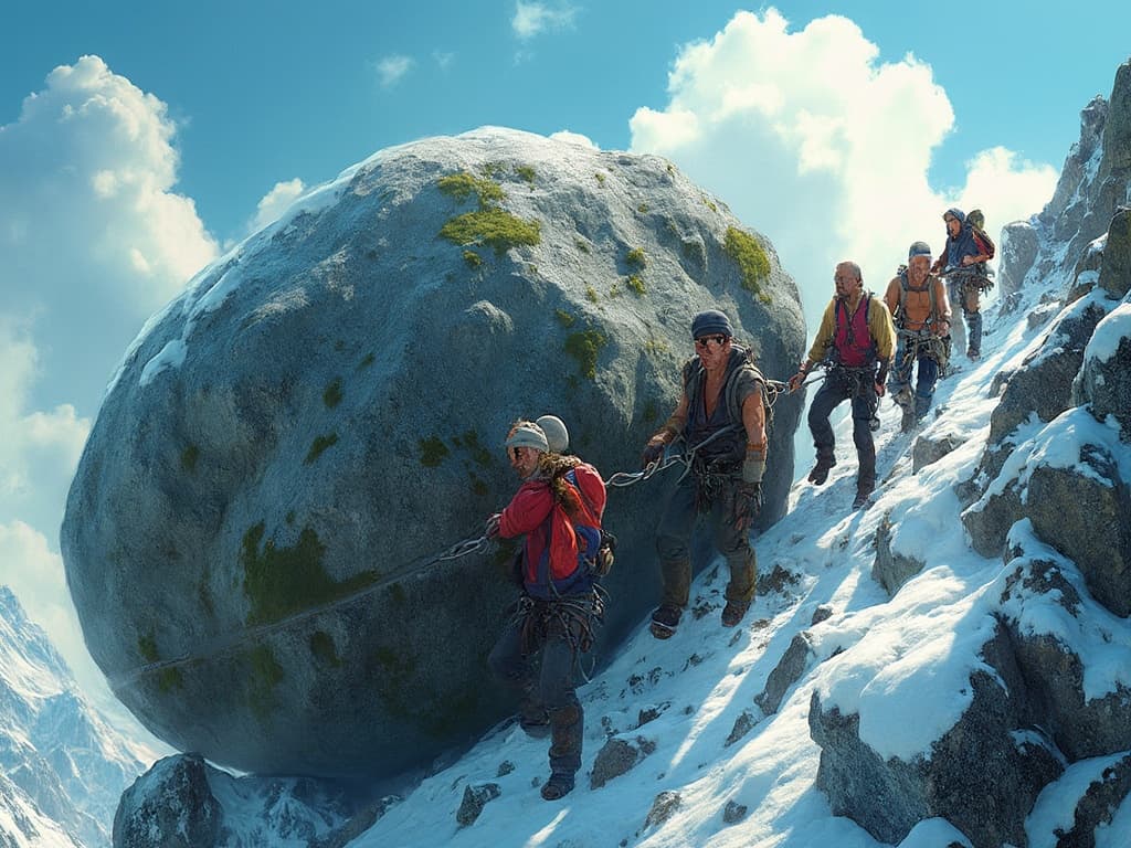 People climbing up a mountain whilst pushing a big boulder