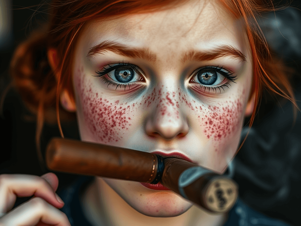 closeup of the face of a redhead schoolgirl with freckles smoking a cigar