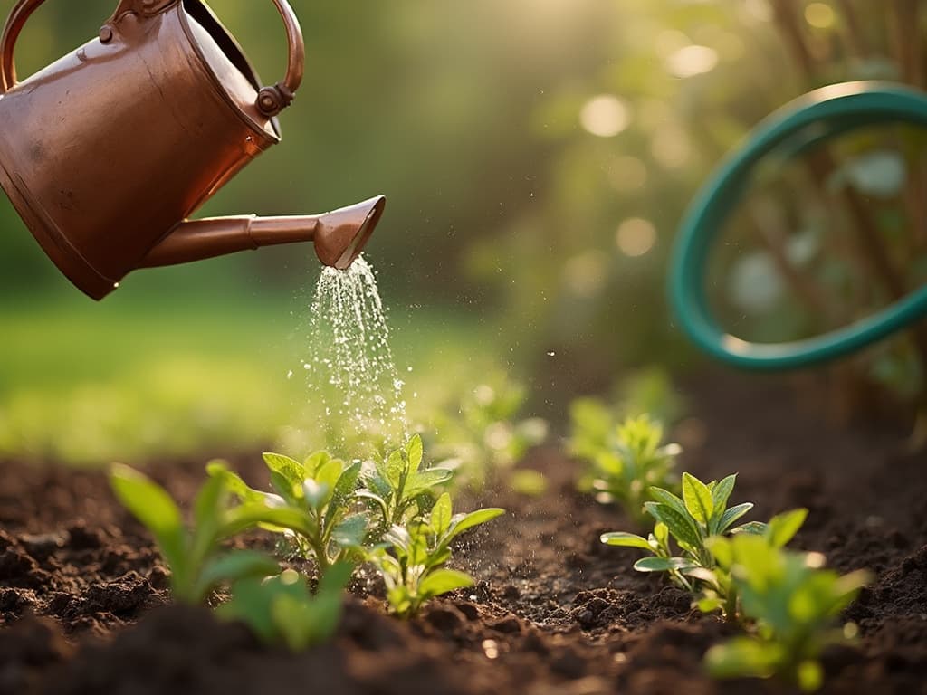 watering can being filled by hose pipe with the watering can watering saplings
