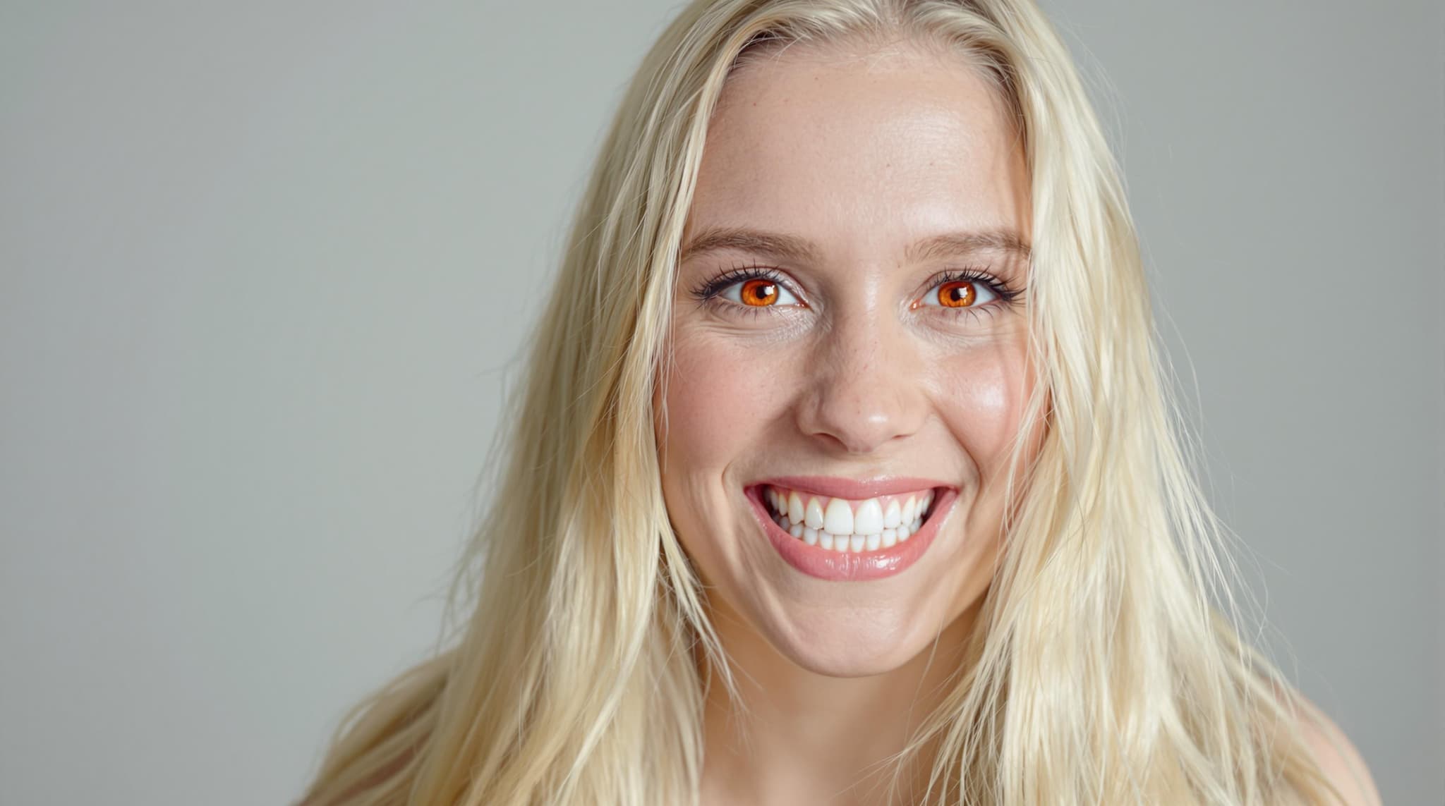 Young caucasian blonde woman with crimson red eyes and missing upper left canine tooth in a smile