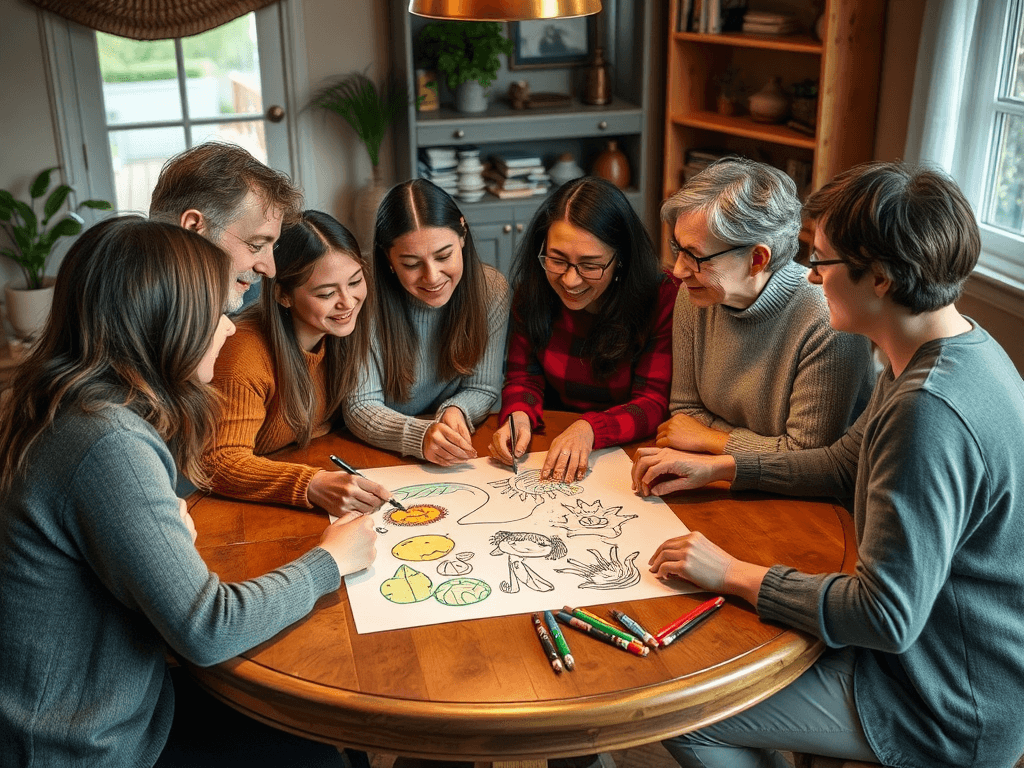 group support, sitting together around table drawing