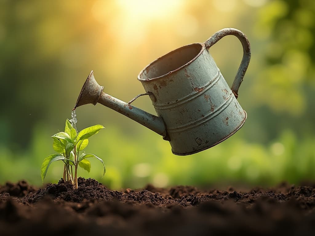 empty watering can tipped in air to pour onto some saplings no water