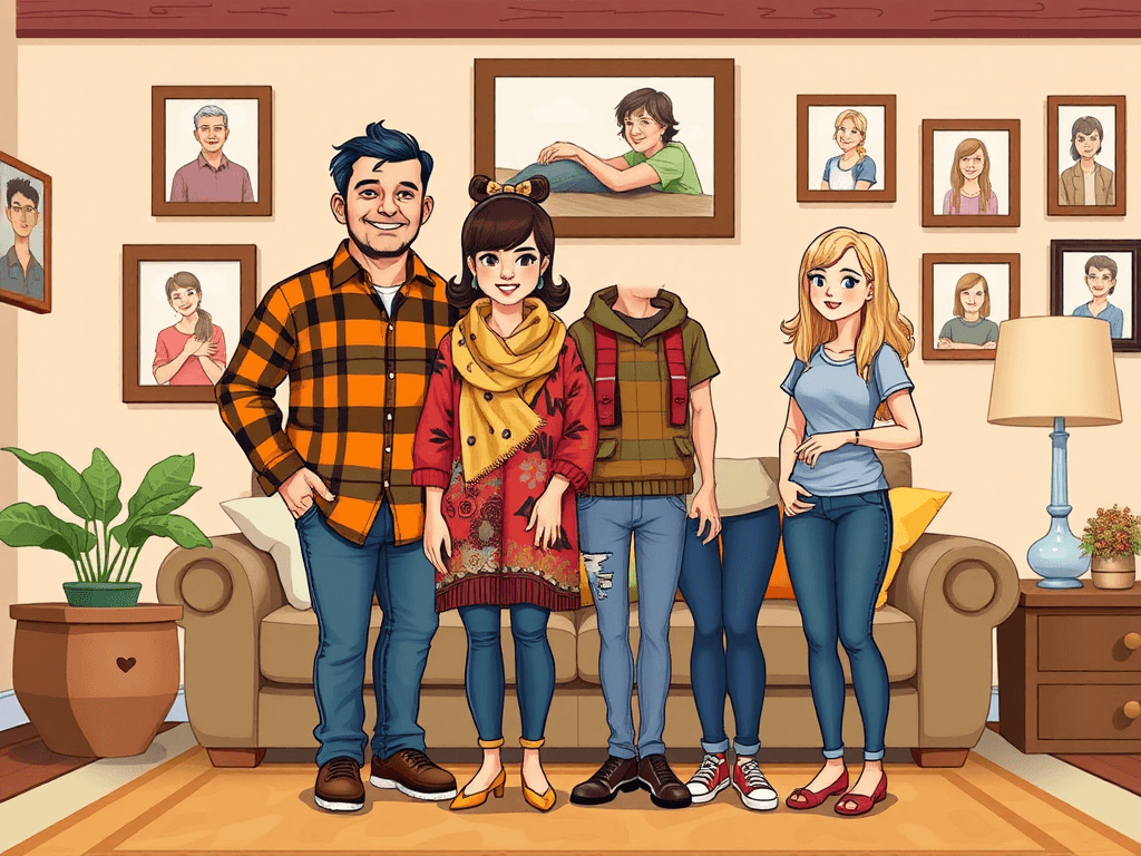 family image nuclear family with a Mum, Dad, with young adult Son and Daughter in cartoon format stood in living room with photos. Dad- tallest bigger build. age 50 small amount of dark receding hairline, builder. Wearing a checkered shirt and jeans.  Mum: 50 years old, short and slightly bigger build, soft features, funky colorful clothing and a scarf with a hat;   Son who is tall 2nd tallest in family, slim build age 20, casual clothing.   Daughter; 3rd tallest, age 18, blonde/brown hair, jeans and a tight t-shirt)