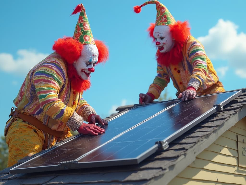Clowns installing solar panels on a roof