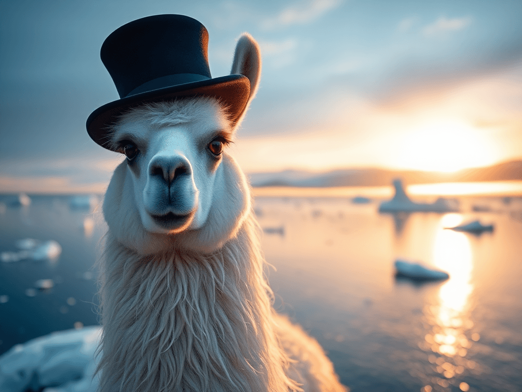 a llama wearing a top hat on an iceberg