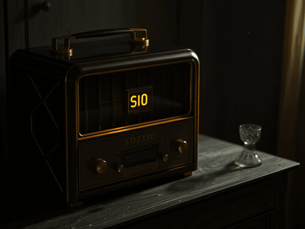 an old radio from the 20s is receiving sos in morse code. the radio speaker looks like its a sad mouth.