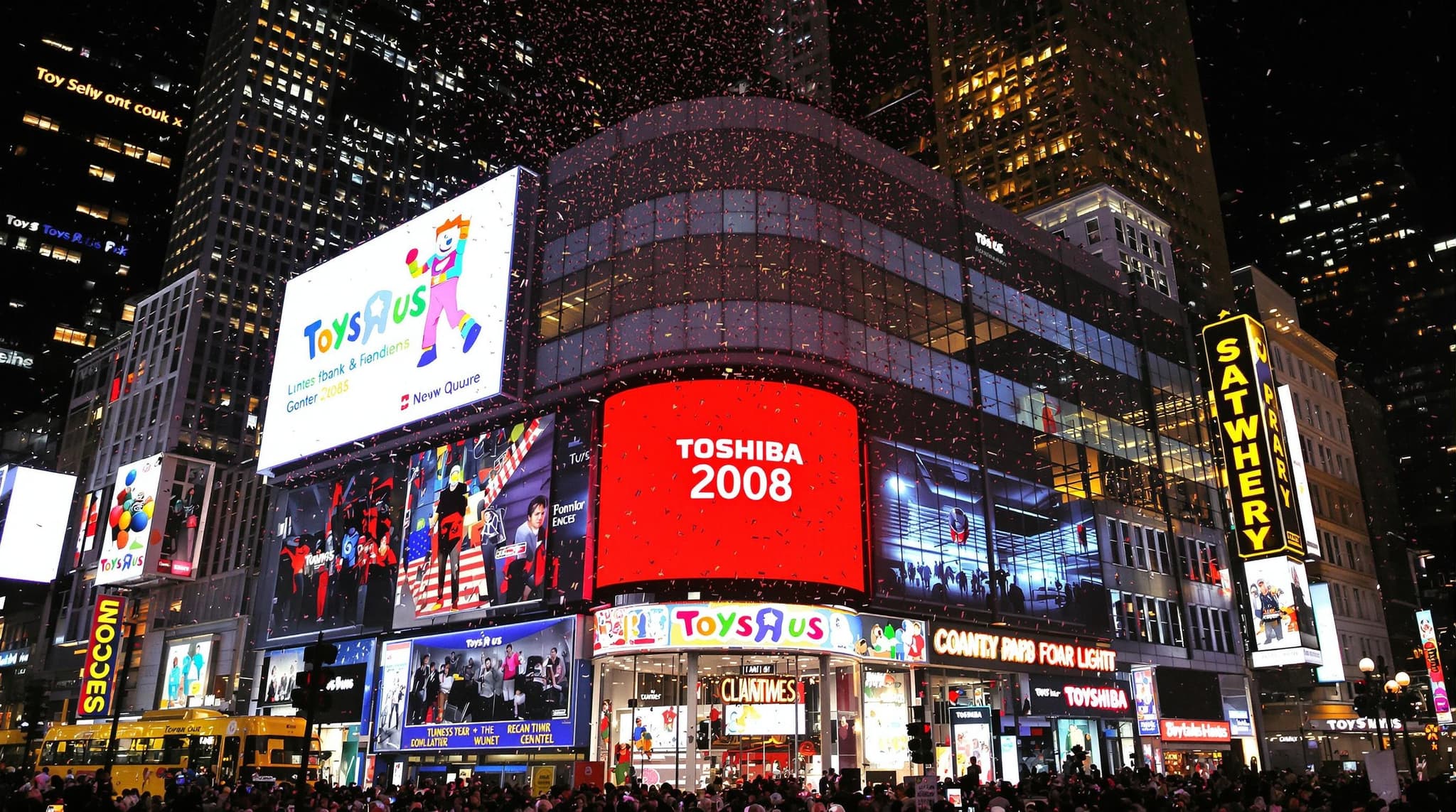 TIMES SQUARE NYE COUNTDOWN BALL DROP 2007-2008 Toshiba countdown at dark midnight including Toys “R” Us new years countdown and Red Toshiba clock countdown 