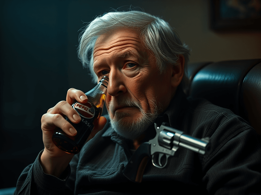 old man drinking Pepsi while holding a pistol