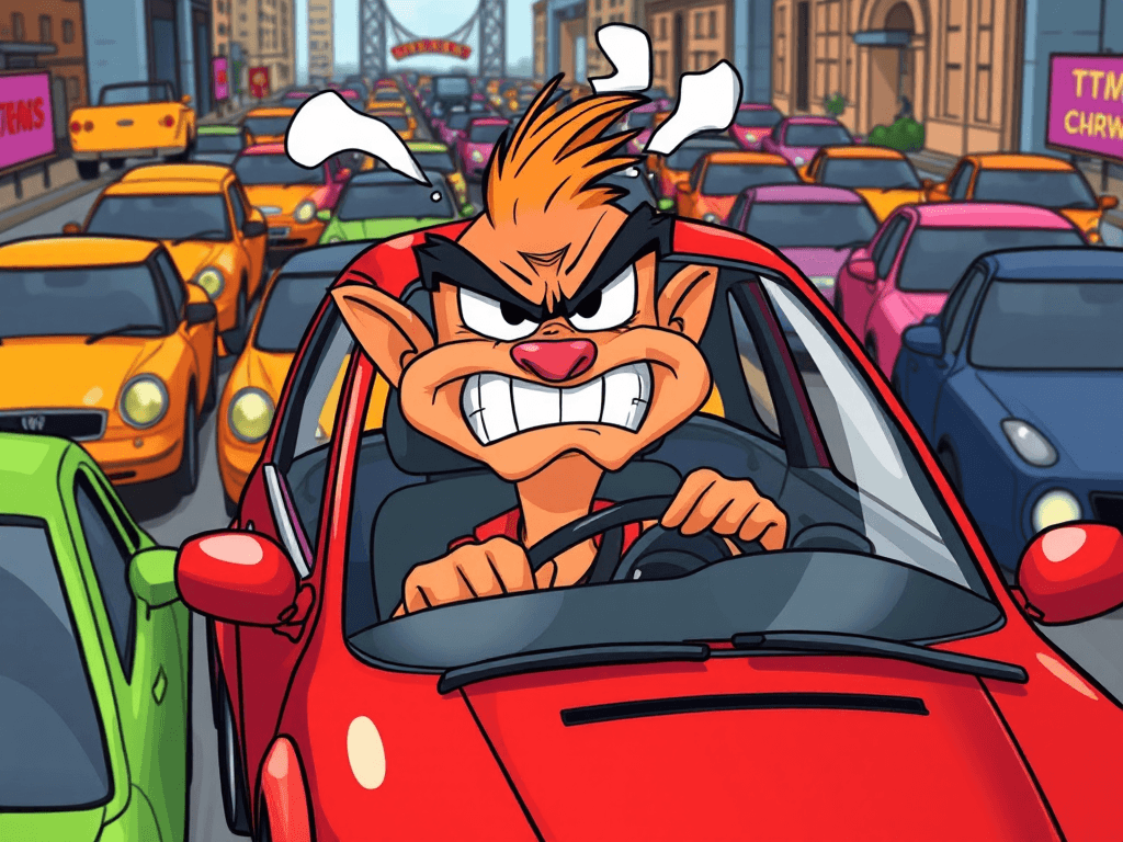 catroon character driving a small red car in traffic, has an angry facial expression 