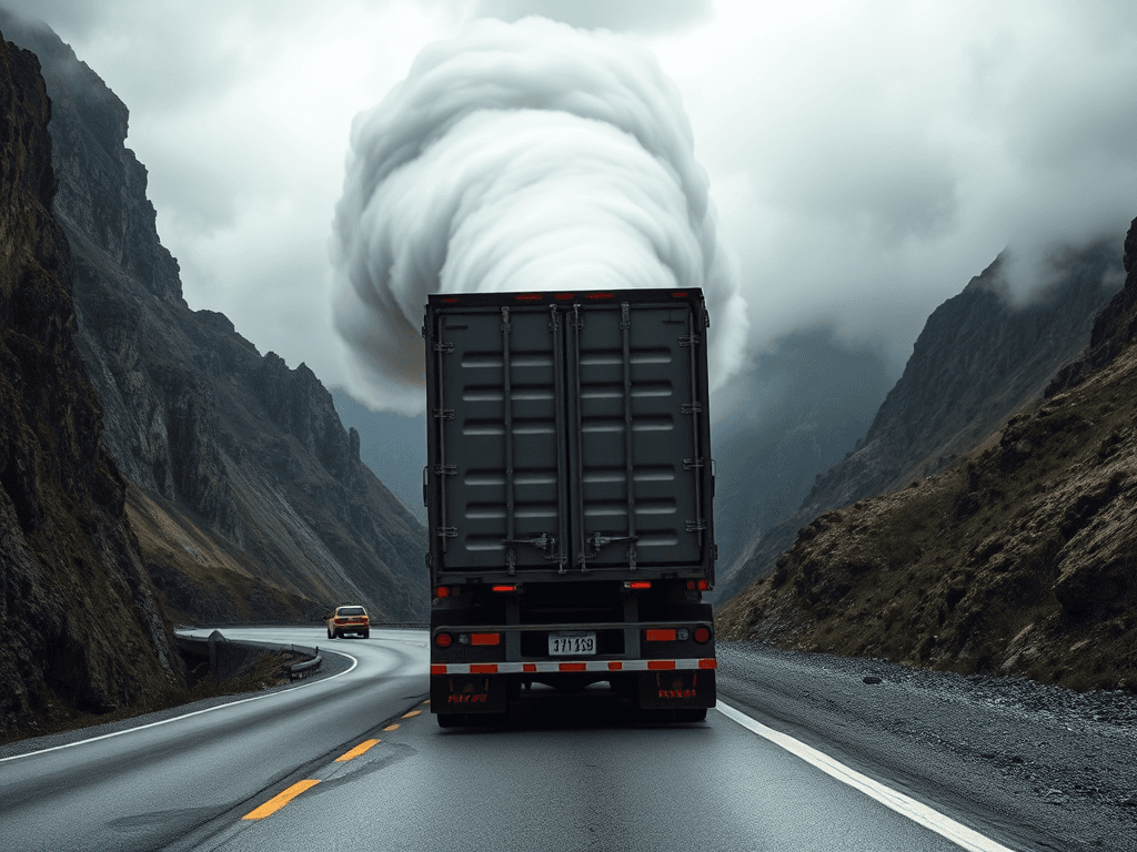 GHG emission from heavy truck on high road from the back ...in vertical long size 