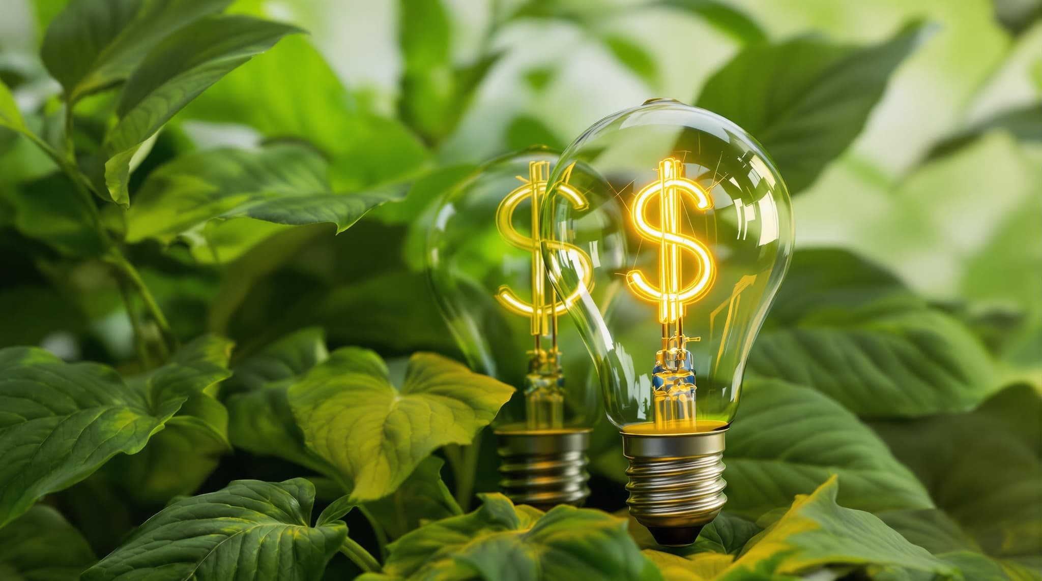 3D lightbulb with dollar sign filament against green leaves.