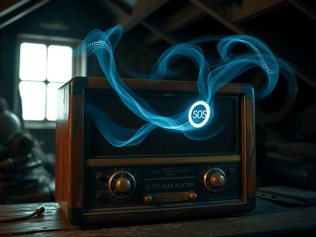 an old radio from the 20s is receiving SOS in morse code - waves of dots and dashes are coming from it. the radio speaker looks like its a sad mouth.