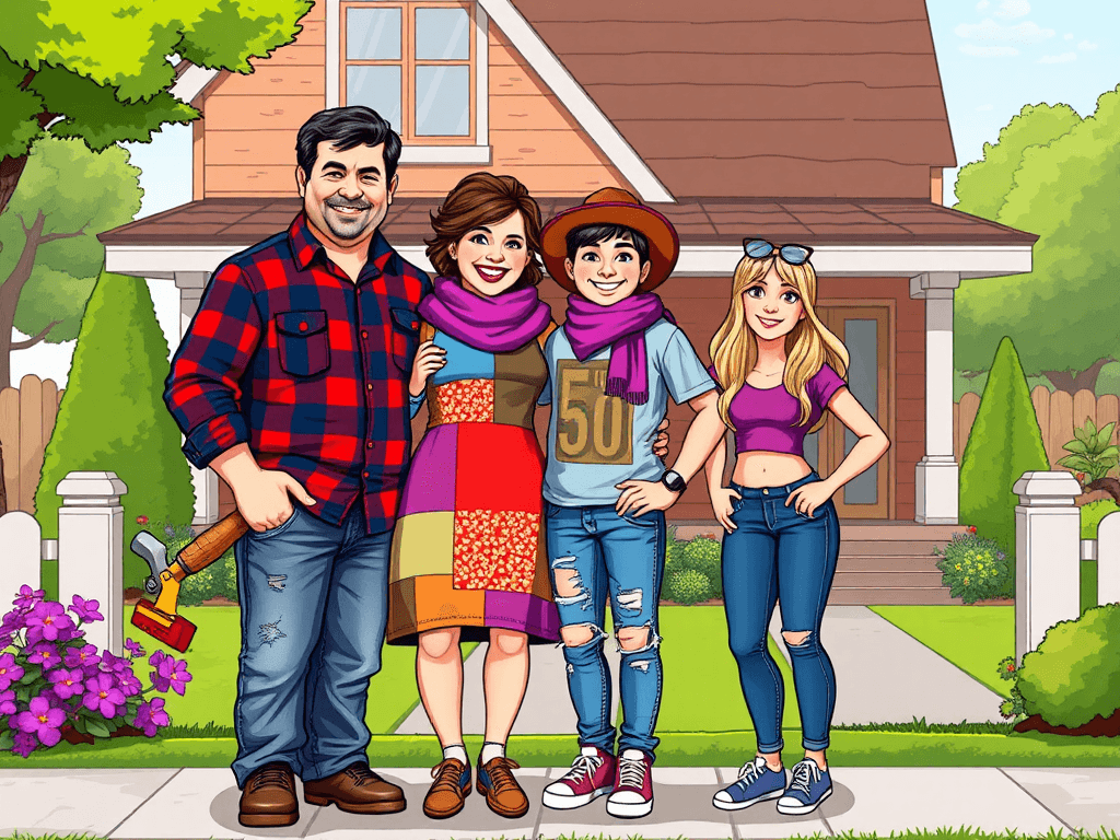 family image nuclear family (4 people)with a Mum, Dad, with young adult Son and Daughter in cartoon format  Dad- tallest bigger build. age 50 small amount of dark receding hairline, builder. Wearing a checkered shirt and jeans.  Mum: 50 years old, short and slightly bigger build, soft features, funky colorful clothing and a scarf with a hat;   Son who is tall 2nd tallest in family, slim build age 20, casual clothing.   Daughter; 3rd tallest, age 18, blonde/brown hair, jeans and a tight t-shirt)