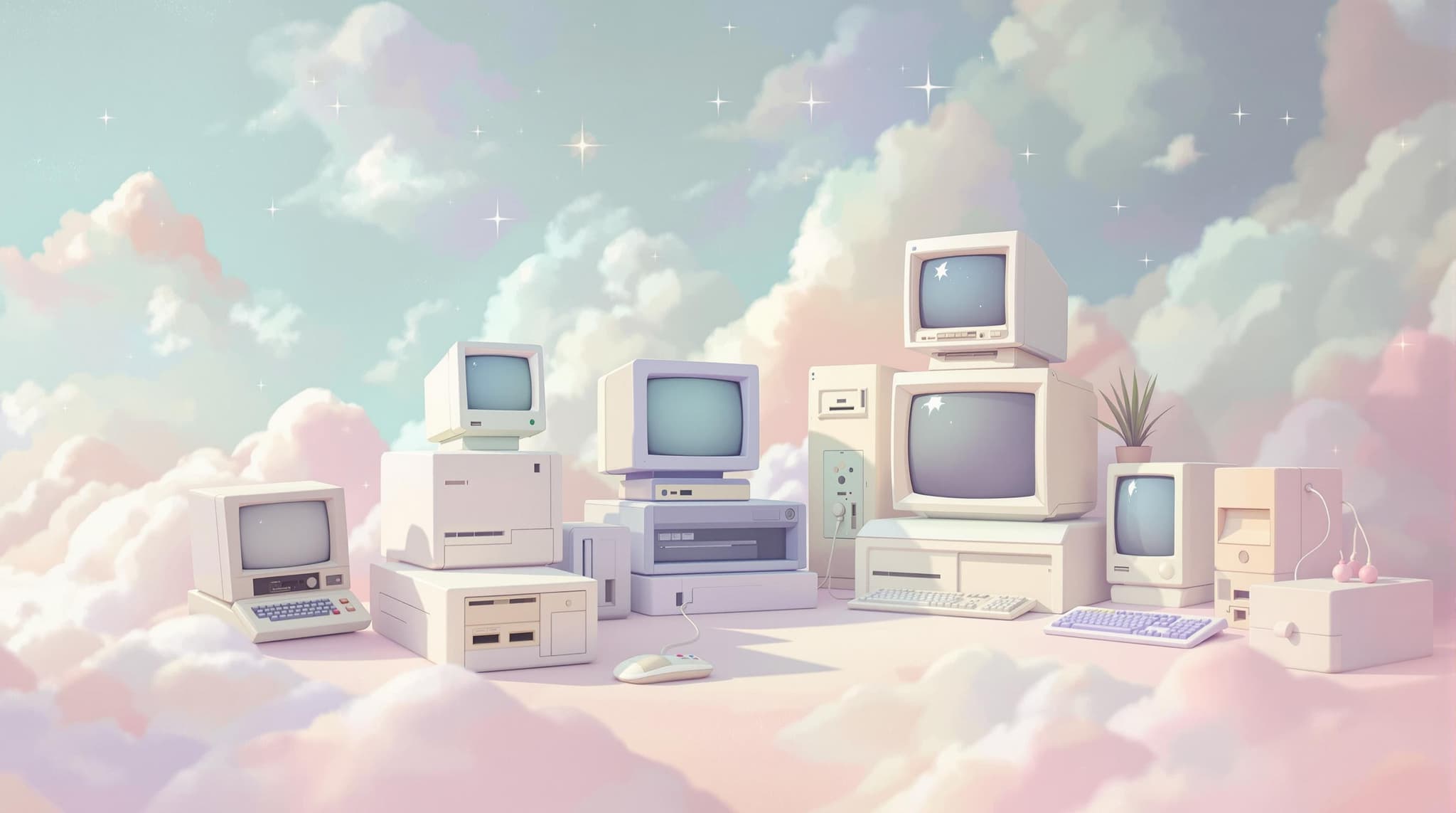 Digital painting style with a pastel colour palette image of computers