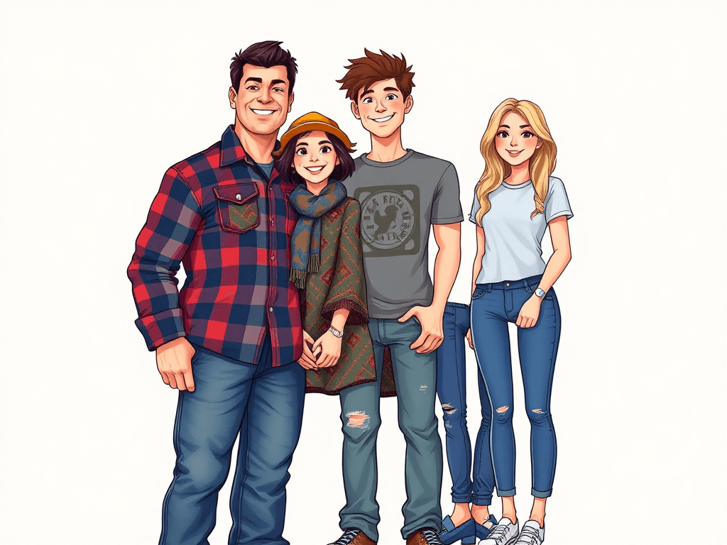 family image nuclear family (4 people)with a Mum, Dad, with young adult Son and Daughter in cartoon format  Dad- tallest bigger build. age 50 small amount of dark receding hairline, builder. Wearing a checkered shirt and jeans.  Mum: 50 years old, short and slightly bigger build, soft features, funky colorful clothing and a scarf with a hat;   Son who is tall 2nd tallest in family, slim build age 20, casual clothing.   Daughter; 3rd tallest, age 18, blonde/brown hair, jeans and t-shirt)