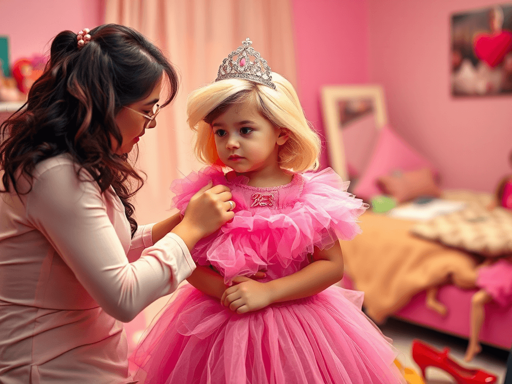 mother dressing her son as a barbie doll with high heels 