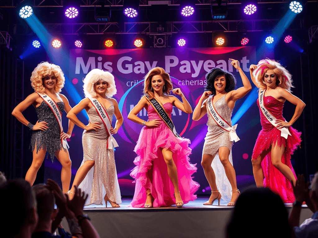 five college age men in drag for miss gay pageant