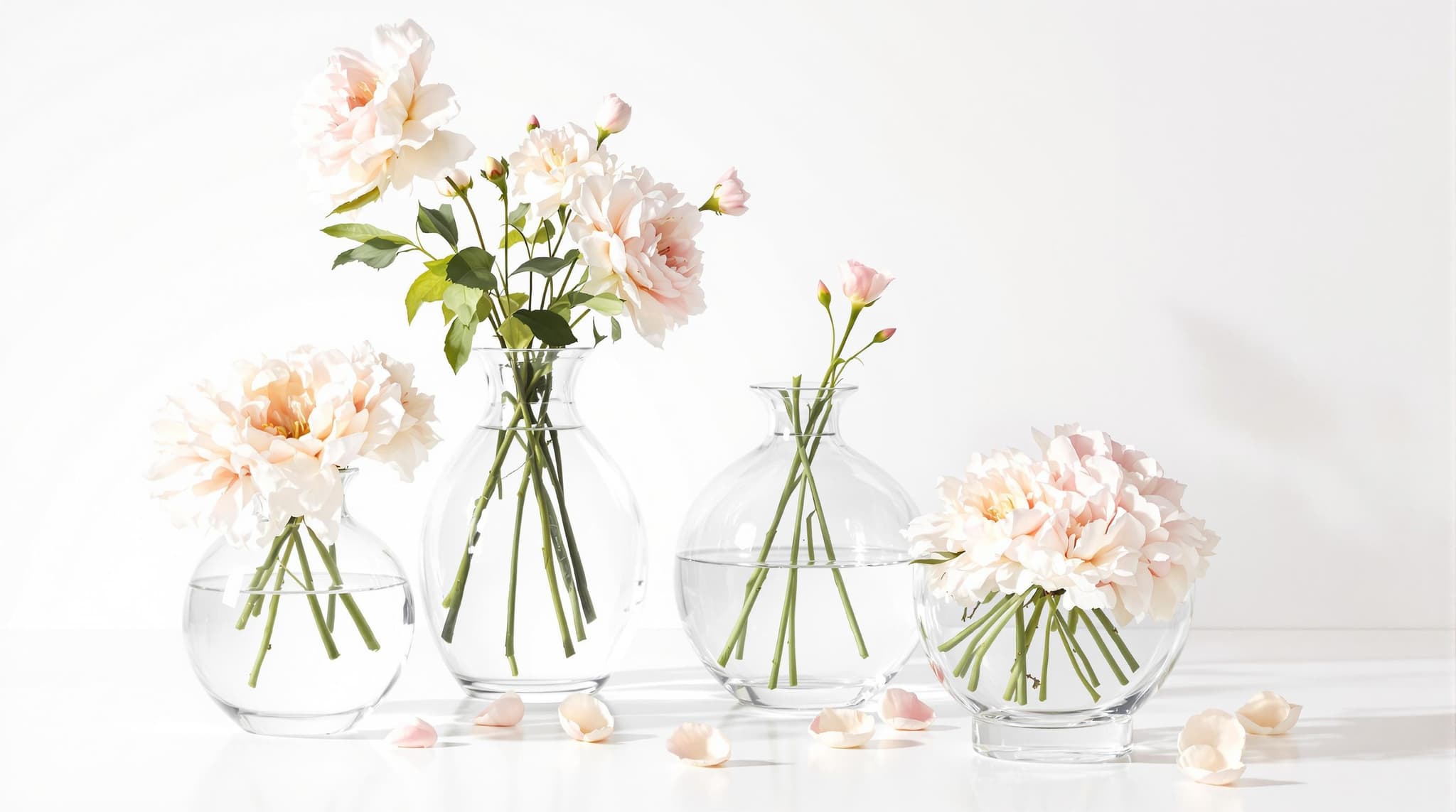a  simple still life with glass objects and flowers in studio lighting
