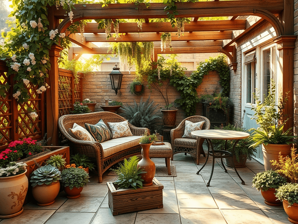 Create a detailed, realistic patio garden scene. The patio should be a cozy, inviting space, featuring natural stone tiles and a wooden pergola draped with climbing vines. Include a variety of potted plants, such as vibrant flowers, lush ferns, and aromatic herbs. Add comfortable outdoor furniture, like a cushioned lounge chair and a small table with a decorative centerpiece. Incorporate soft lighting, such as string lights or lanterns, to create an enchanting evening atmosphere. The background should feature a mix of greenery, such as a trellis with climbing roses and a small vegetable patch. Capture the warmth of a late afternoon sun casting gentle shadows across the scene
