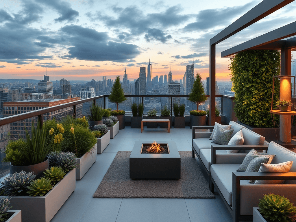 Urban Rooftop: "Design a chic rooftop garden with modern seating, container plants, and a city skyline view."