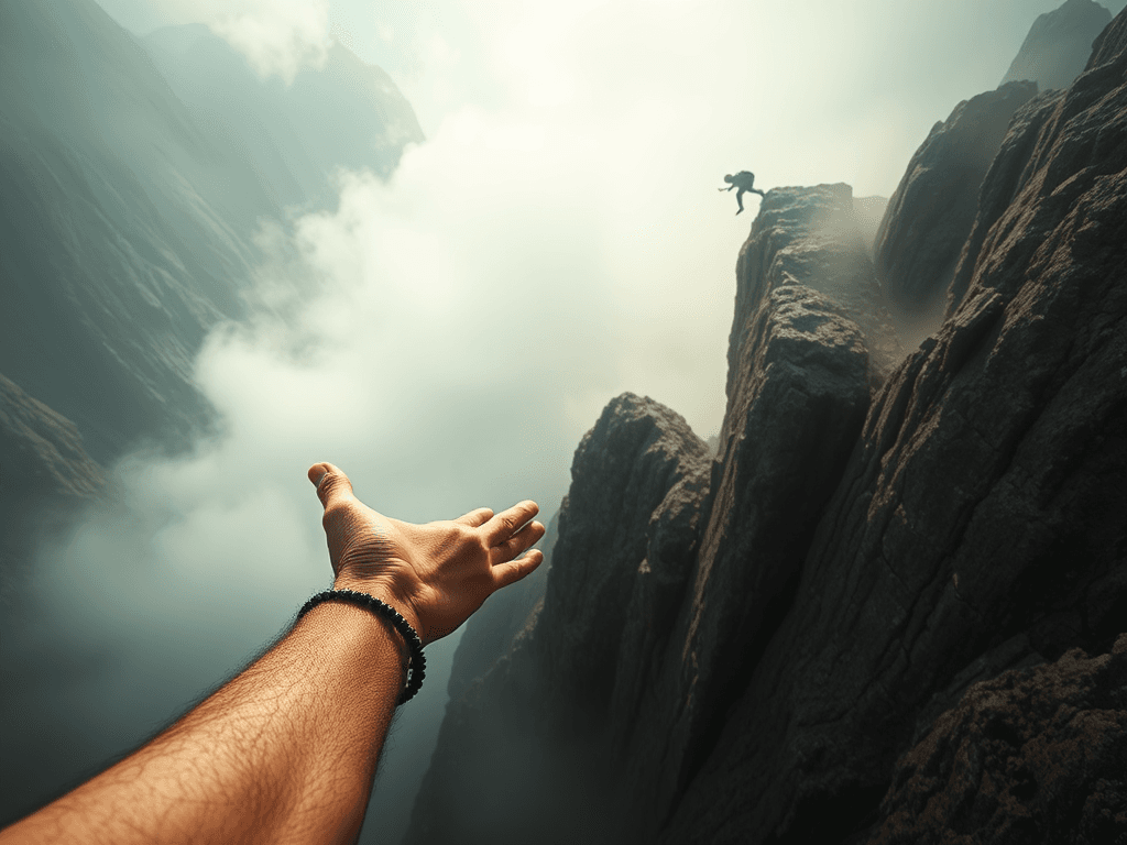 wo arms on a mountain edge, reaching out to the other had further down the mountain 