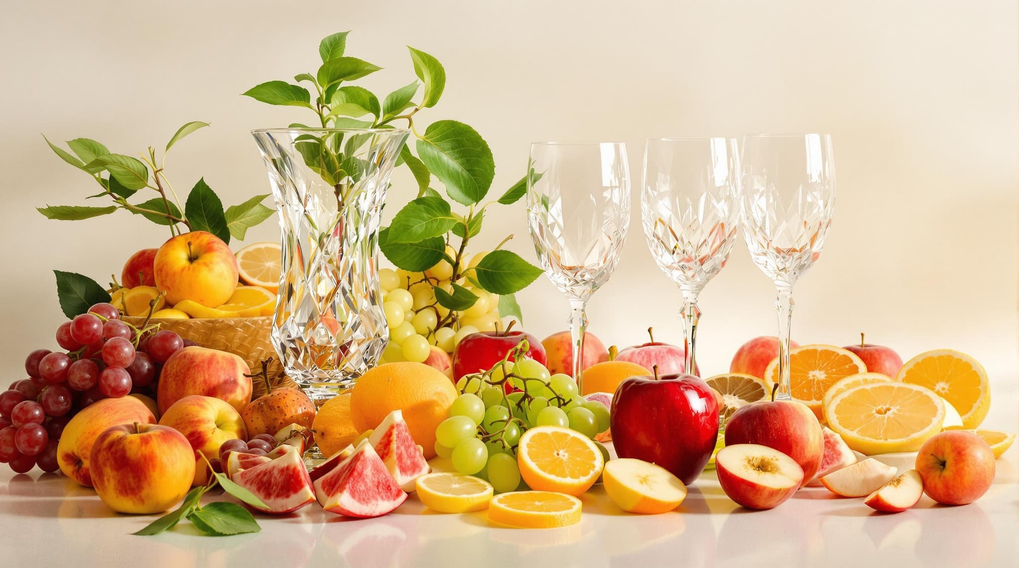 a still life with glass objects and various fruits in studio lighting