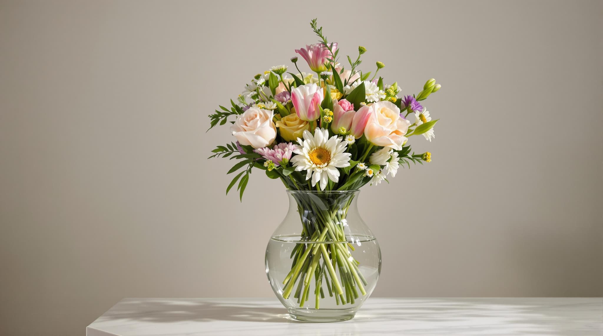 a  simple still life with a glass object and flowers in studio lighting