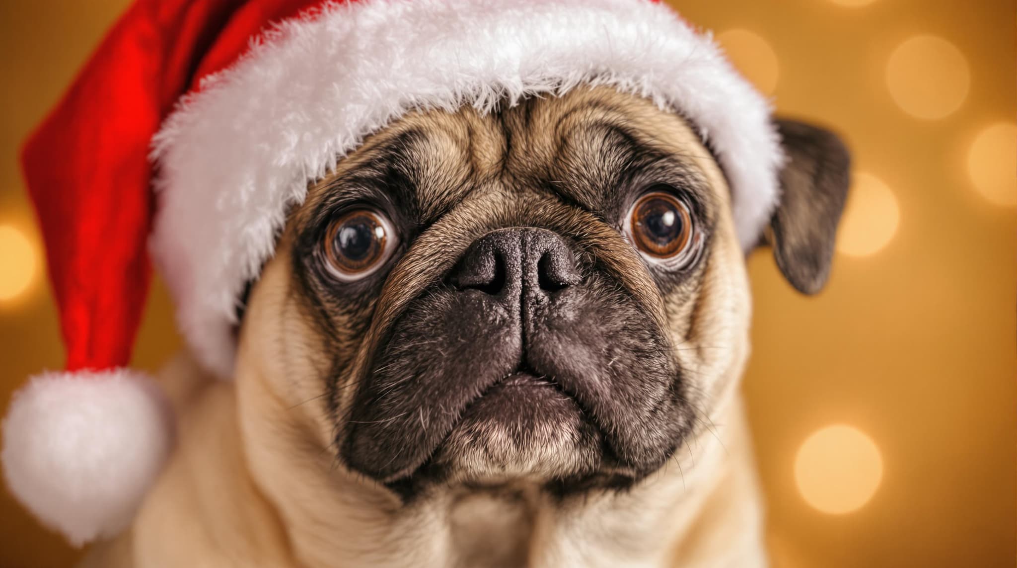 A close-up of a pug in a festive red hat against a warm background.