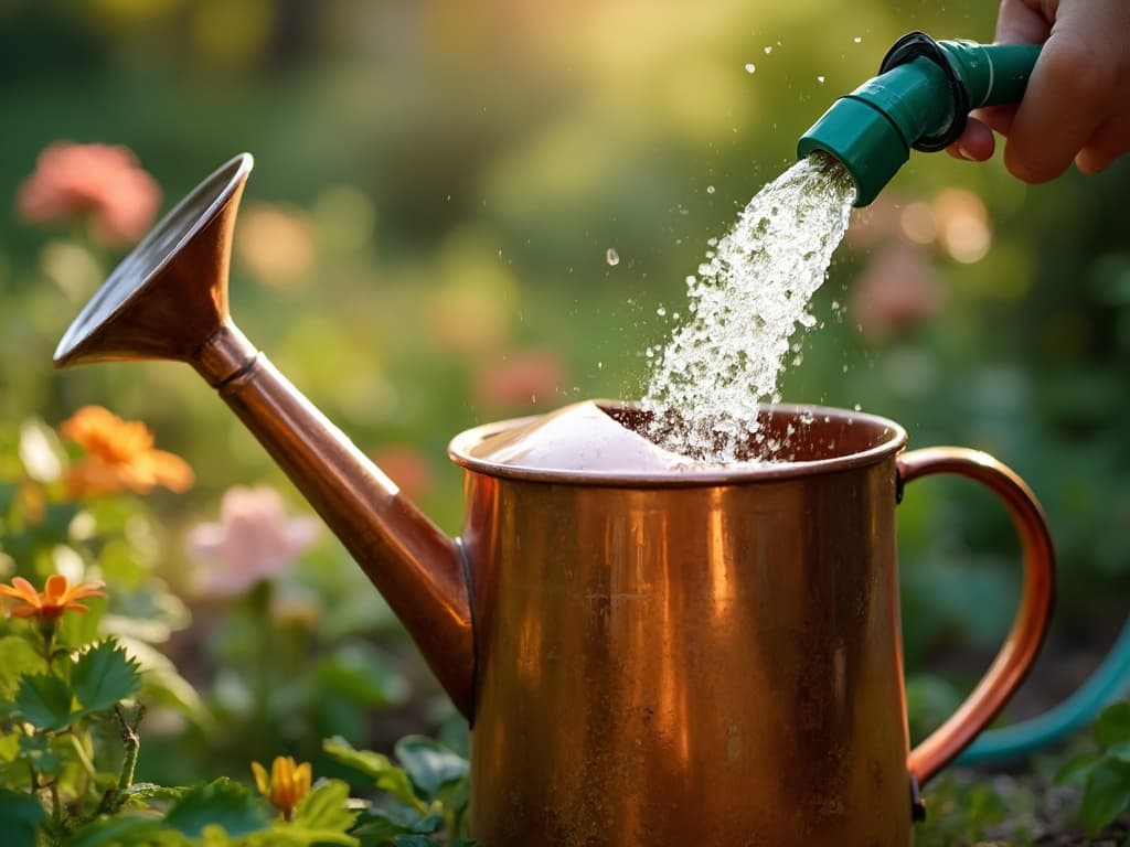watering can being filled by hose pipe 