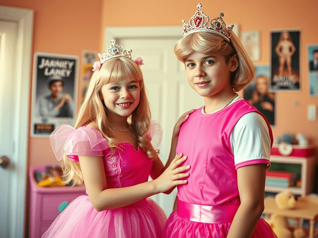 teenage girl dressing teenage boy in a barbie doll costume