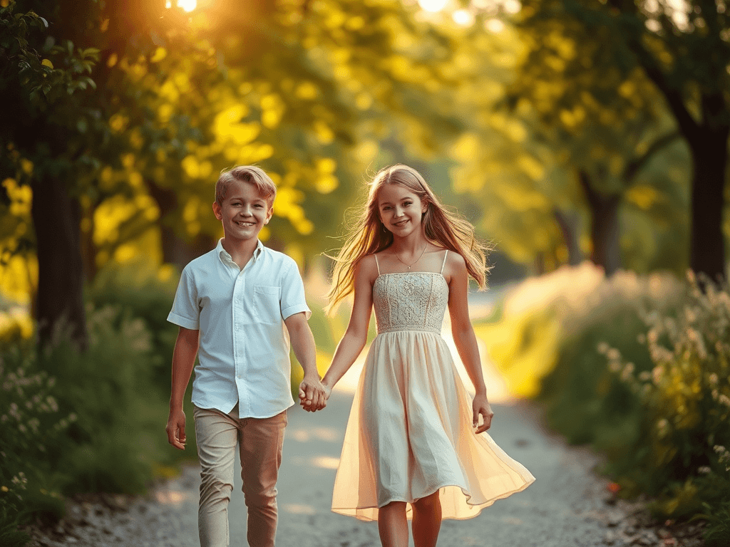 one boy and a beautiful girl，hand in hand